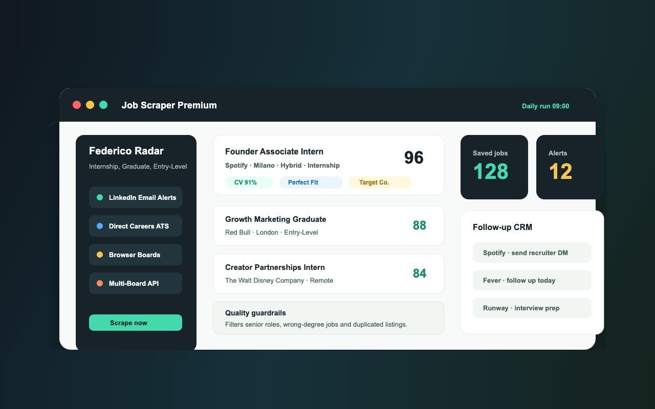 Illustrazione dell'interfaccia di Career Copilot: offerte con punteggio, fonti e follow-up