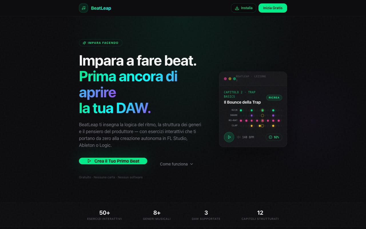 Home page di BeatLeap: «Impara a fare beat. Prima ancora di aprire la tua DAW»