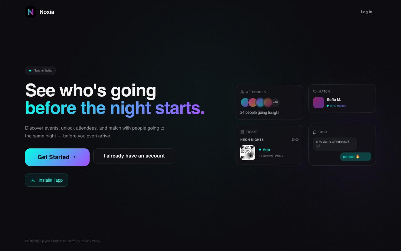Home page di Noxia: «See who's going before the night starts»