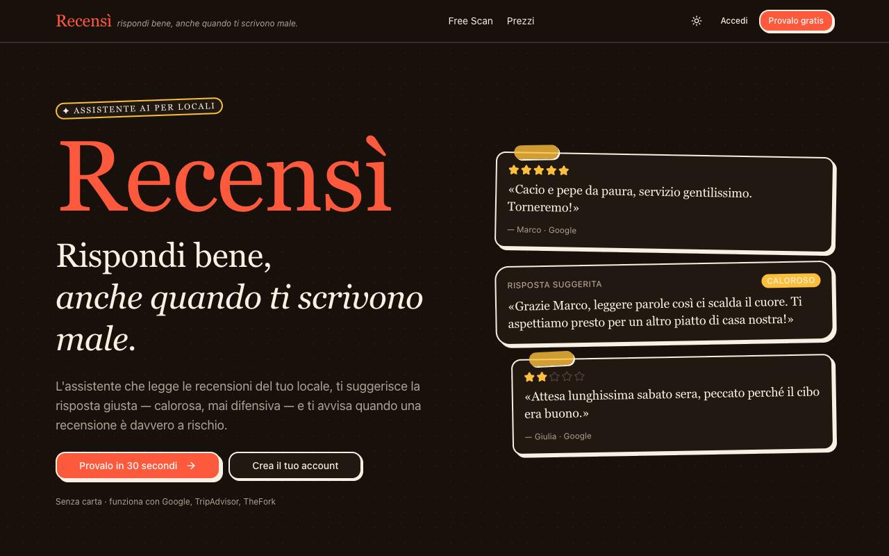 Home page di Recensì: «Rispondi bene, anche quando ti scrivono male»
