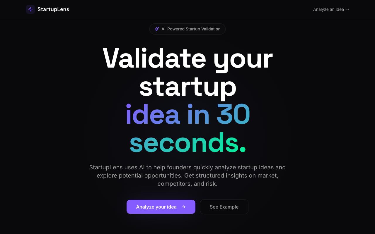 Home page di StartupLens: «Validate your startup idea in 30 seconds»